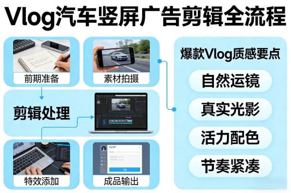 Vlog感觉汽车竖屏广告剪辑脚本全流程，拿捏爆款Vlog质感