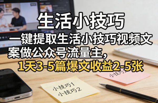 一键提取生活小技巧视频文案做公众号流量主，1天3-5篇爆文收益2-5张